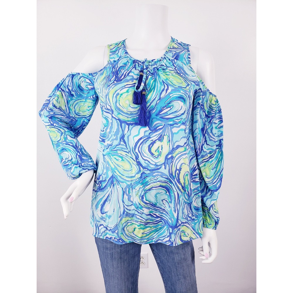 Lilly Pulitzer‎ Finch Silk Cold Shoulder Blouse Blue Oyster Print Tassel Silk XS